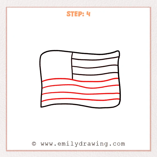 how to draw an american flag - Step 4: More wavy horizontal lines are added to complete the American flag stripes.
